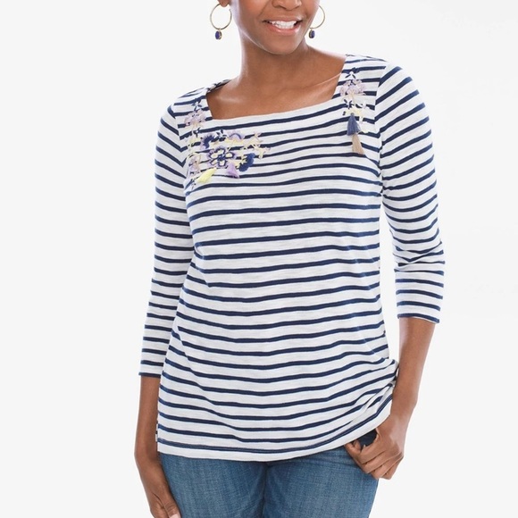 CHICO’S Chronicle Striped Embroidered Tee Size Med - Picture 2 of 7